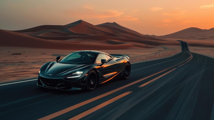 Supercoche corriendo a velocidad en el postre Generado por IA