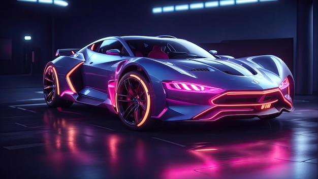 Supercoche futurista con acentos de neón en un fondo oscuro