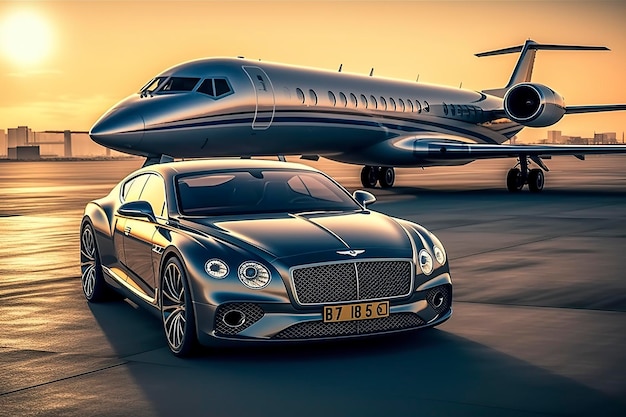 Supercoche y jet privado en la pista de aterrizaje Servicio de clase ejecutiva en el aeropuerto Traslado en clase ejecutiva Traslado al aeropuerto AI Generativo