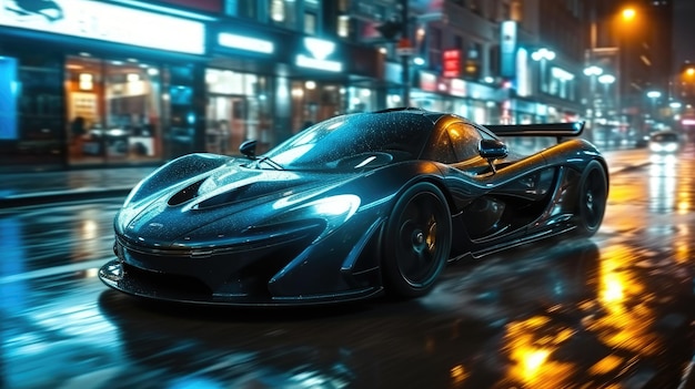 Superdeportivo rápido y lujoso en las carreteras de un coche futurista urbano nocturno del futuro filmando en movimiento