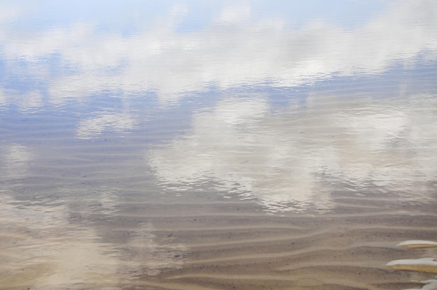 Una superficie de agua con un cielo azul y nubes en el agua.