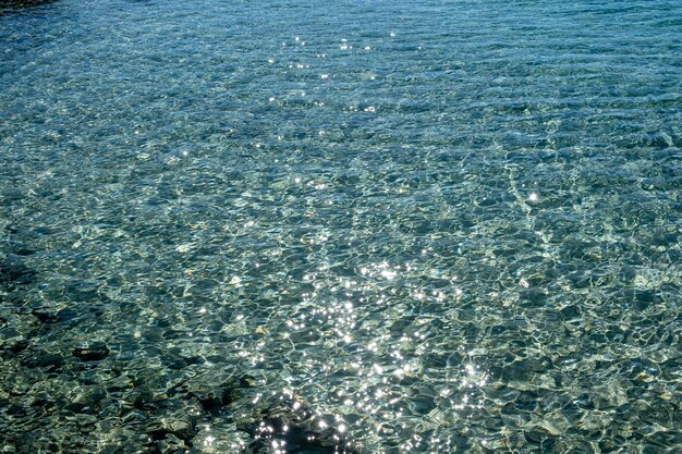 La superficie del agua de mar brilla el fondo del agua de mar azul claro y superficial del mar Egeo Grecia