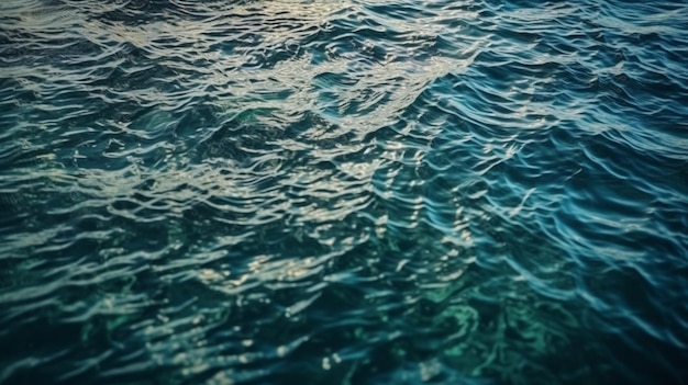 La superficie del agua del océano con el sol brillando sobre ella.