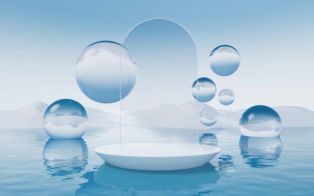 Superficie del agua con renderizado 3d de fondo de bolas redondas