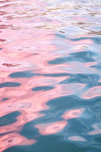 una superficie de agua rosa y azul con el reflejo del sol en ella