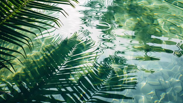 La superficie de agua serena con sombras de hojas tropicales