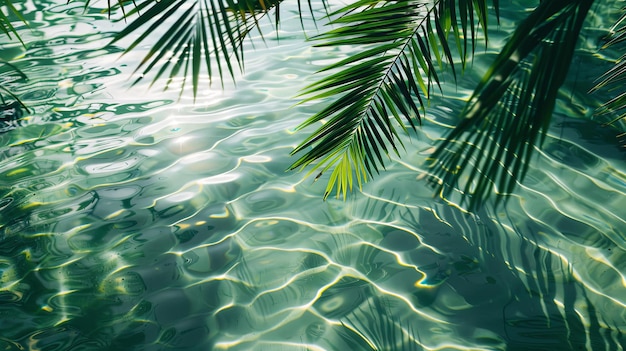 La superficie de agua serena con sombras de hojas tropicales