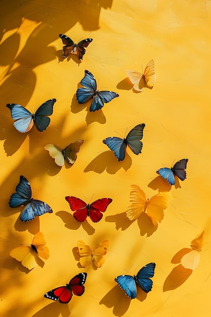 una superficie amarilla con muchas mariposas y mariposas en ella