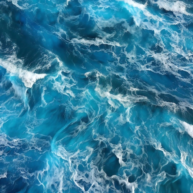 La superficie azul de la agua del mar con olas y espuma
