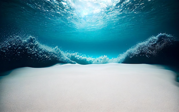 Superfície azul do oceano vista do fundo subaquático subaquático e ilustração 3D das ondas IA generativa