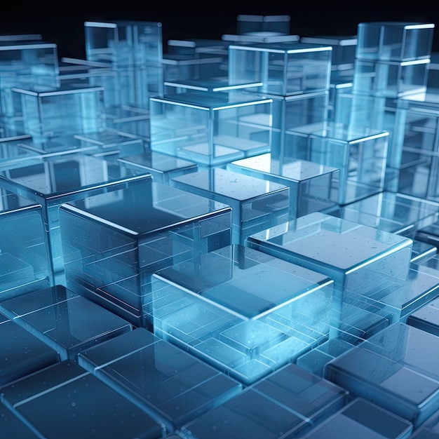 Superfície azul futurista com blocos de vidro fosco, ideais para conceitos de tecnologia e espaço para texto