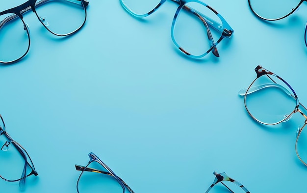 Foto una superficie azul con gafas en ella y un fondo azul