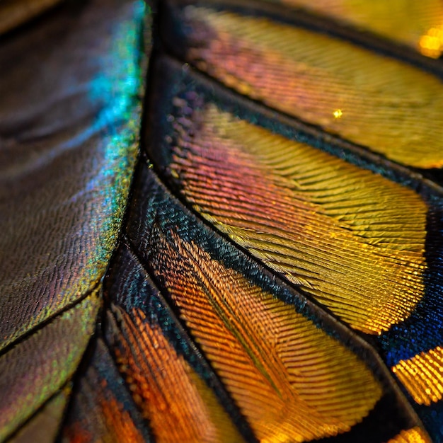 La superficie brillante y iridiscente de un ala de mariposa con colores vibrantes