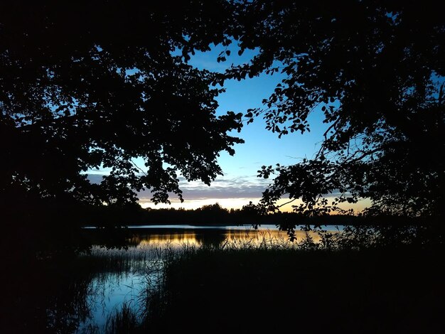 Superfície calma do lago à noite na Letônia, Europa Oriental. paisagem do sol de verão com água e floresta.