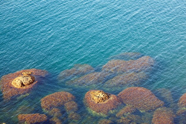 Superfície da água costeira azul-celeste transparente com algumas pedras no fundo