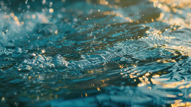 Superfície de água azul borrosa com bolhas, ondas e luz solar