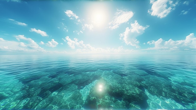 Superfície de água azul clara do oceano com sol brilhante e nuvens brancas no fundo