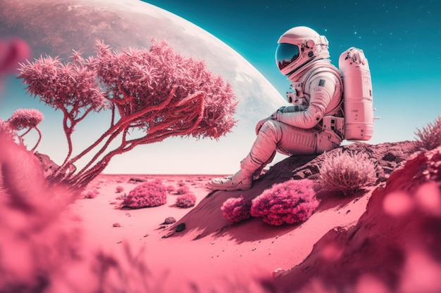 Superfície de cor rosa e árvore Cosmonauta em traje espacial Bela imagem de ilustração IA generativa