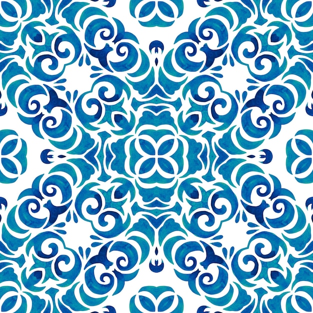 Superfície de design de azulejo sem costura com padrão geométrico de flor em aquarela azul