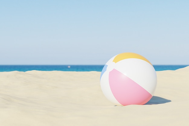 Superfície de férias de verão com bolas de praia infláveis e areia, cópia espaço, ilustração 3D render