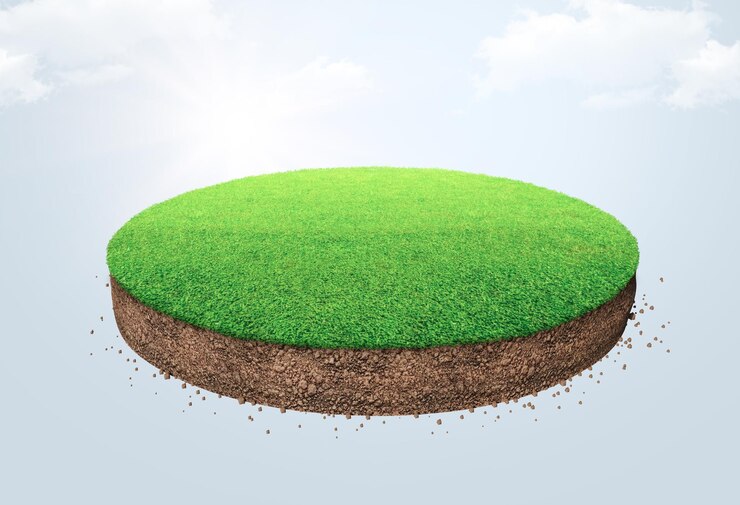 Superfície de grama verde e solo com fatia de terra flutuante Textura do solo e textura de grama de terra voadora