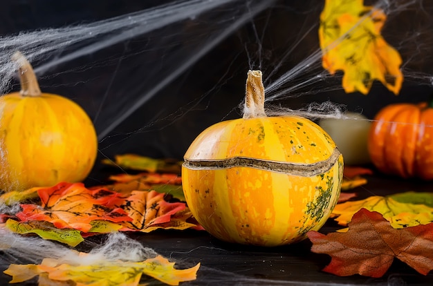 Superfície de Halloween com pão de mel, abóboras e velas