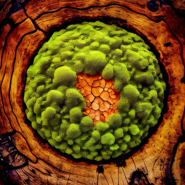 Superfície de madeira burl com fundo abstrato de musgo