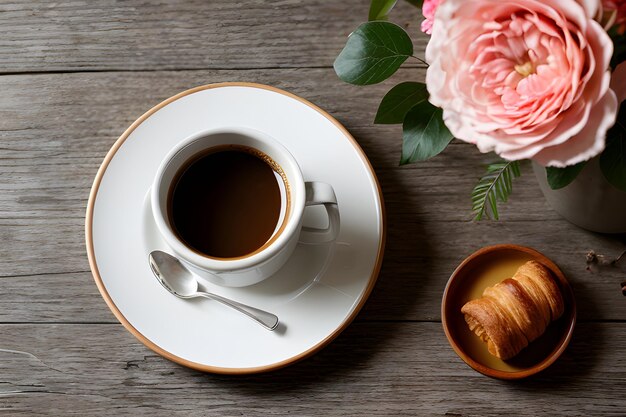 superfície de madeira com galhos decorativos Café com croissant e flores