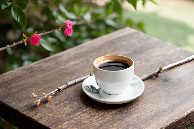 superfície de madeira com galhos decorativos computador com café e flores