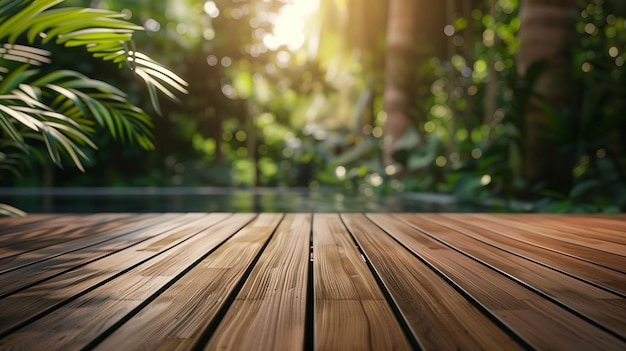 Foto superfície de madeira lisa vazia com fundo de selva para visualização do produto