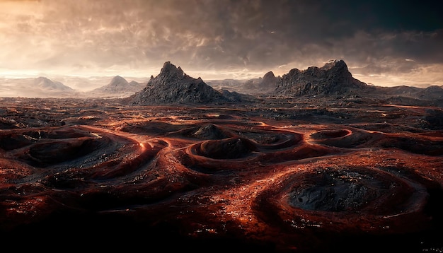 Superfície do planeta alienígena com montanhas rochosas e estrelas na ilustração 3d do céu do espaço escuro