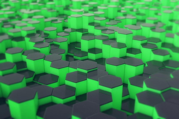 Superficie futurista verde abstracta con renderizado 3d de hexágonos