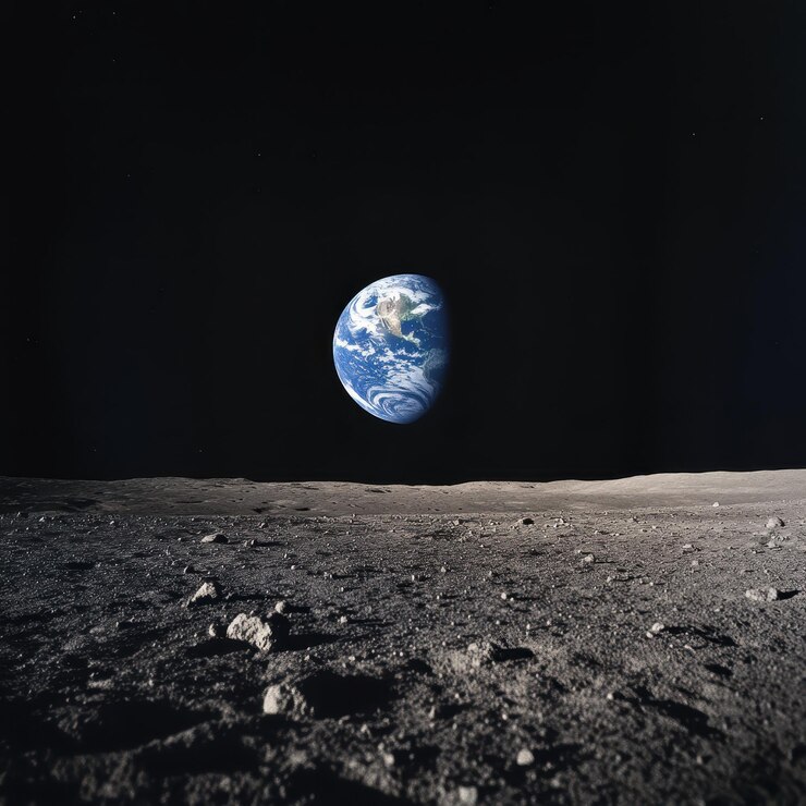 Foto superfície lunar com a terra em fundo