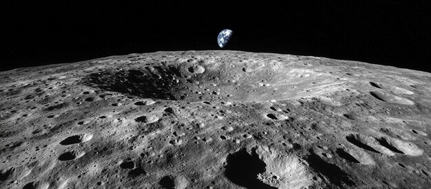 La superficie lunar con la Tierra en la distancia