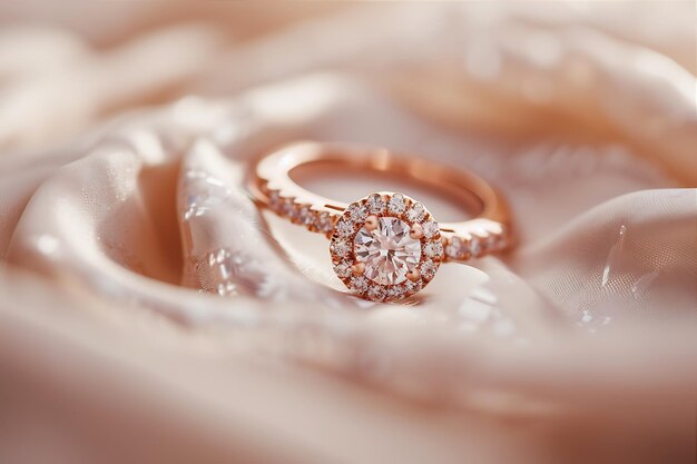 Superfície macia com anel de noivado de diamante de ouro rosa