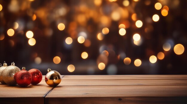 Superficie de madera con fondo de bokeh dorado tarjeta de Navidad y Año Nuevo con espacio para copiar