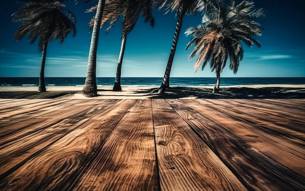 Una superficie de madera con palmeras en la playa