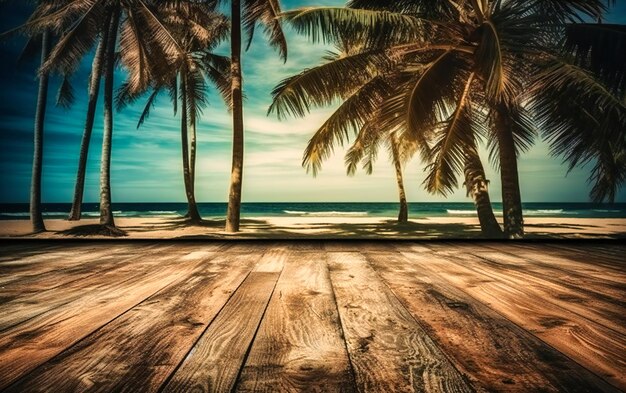 Una superficie de madera con palmeras en la playa
