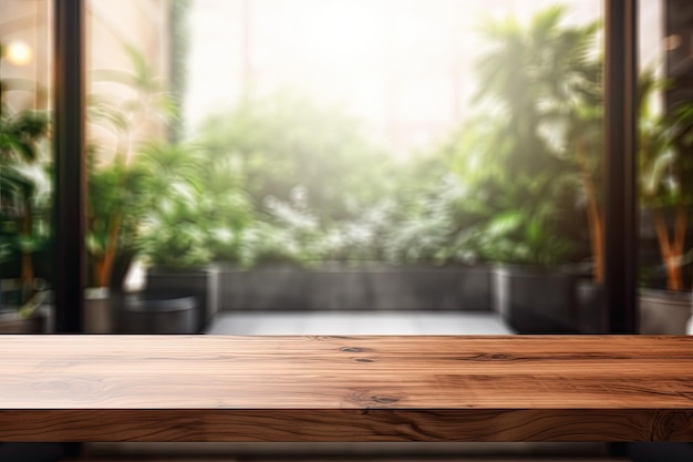 Una superficie de madera sobre una mesa con un espacio vacío con el fondo de una ventana de spa borrosa