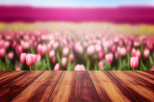 Superficie de madera vacía en el campo con tulipanes en flor en un día soleado Generado por IA