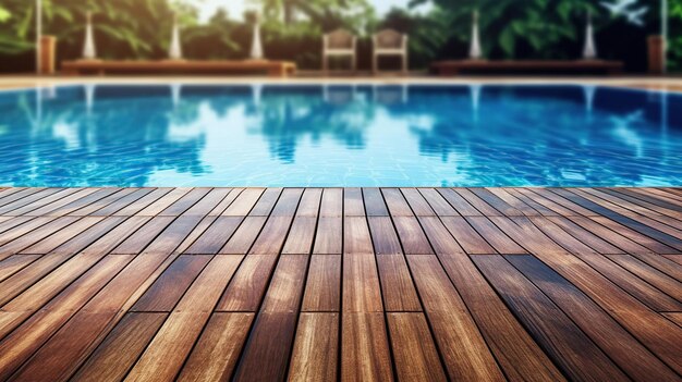 Foto superficie de madera vacía con fondo de piscina de hotel de viajes de verano generativo ai