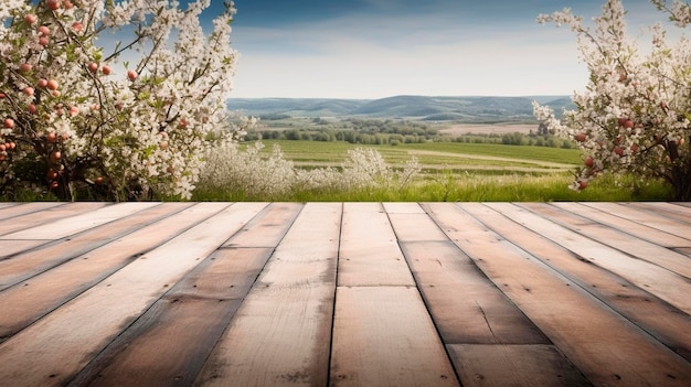 Superficie de madera vacía con vista a un huerto de manzanos de primavera IA generativa