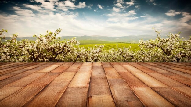 Superficie de madera vacía con vista a un huerto de manzanos de primavera IA generativa