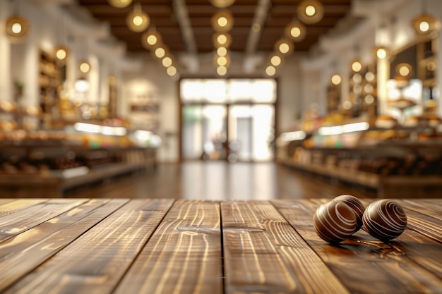 Foto superficie de mesa de madera cálida con chocolates vintage y fondo borroso de la librería