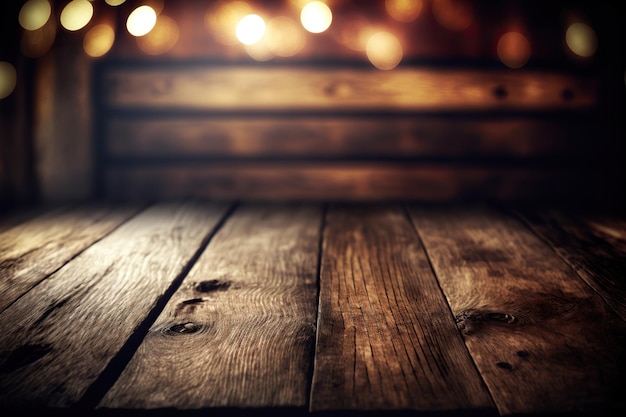 Foto superficie de la mesa de madera vacía con fondo de bokeh de espacio vacío