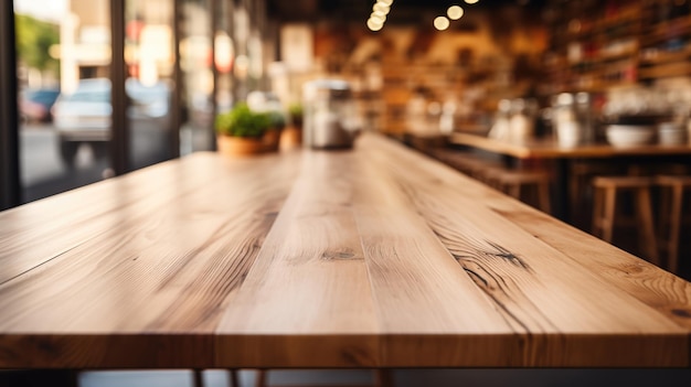 Superficie de la mesa de madera vacía primer plano desenfoque cafetería bar restaurante o tienda minorista fondo interior luces bokeh