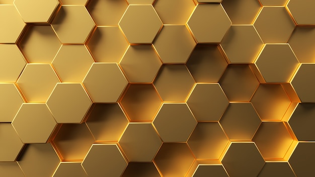 Superficie de mosaico poligonal con hexágono dorado aleatorio