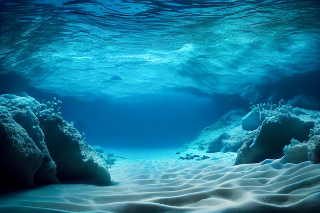 Foto superficie del océano azul vista desde el fondo submarino y las olas ilustración 3d ai generativa