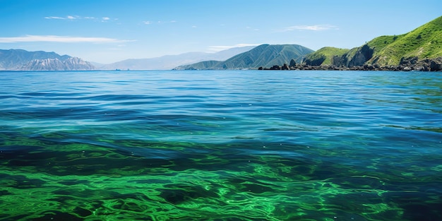 La superficie del océano en la isla en tonos azul-verde y refracción de la luz