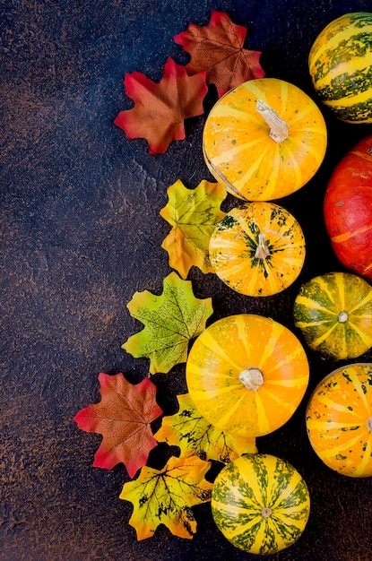 Superficie de otoño con calabazas, hojas